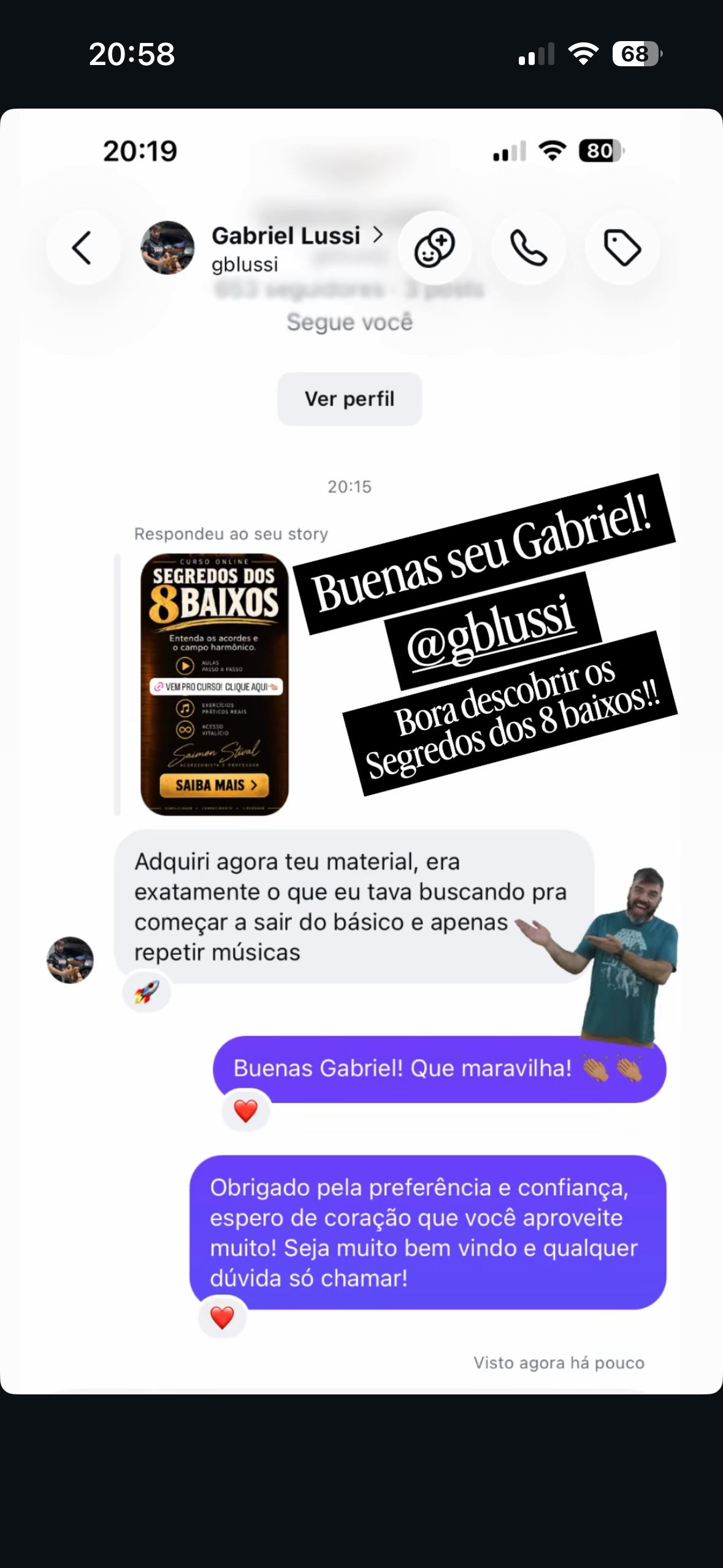 Mensagem de Gabriel Lussi sobre o curso Segredos dos 8 Baixos